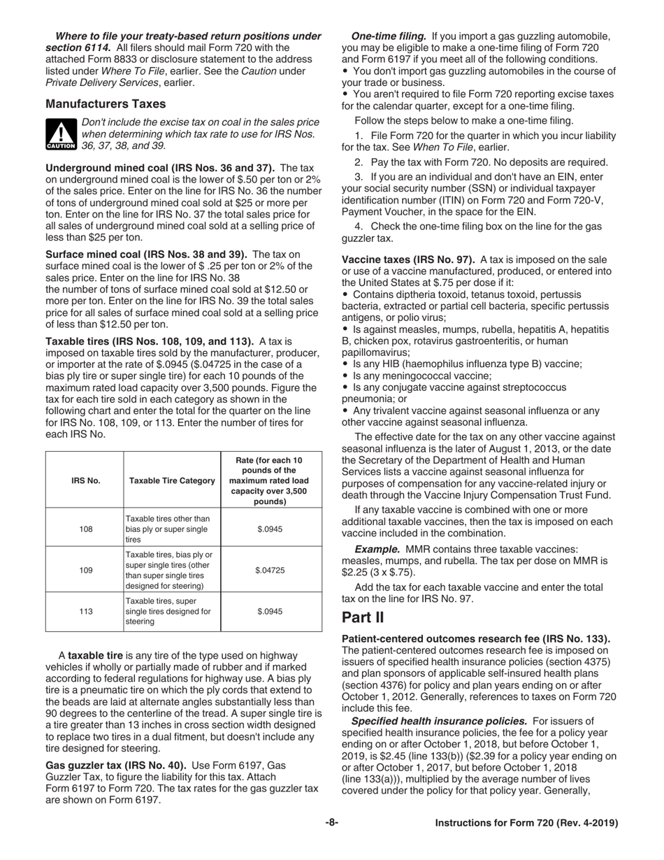 Instructions for IRS Form 720 Quarterly Federal Excise Tax Return, Page 8