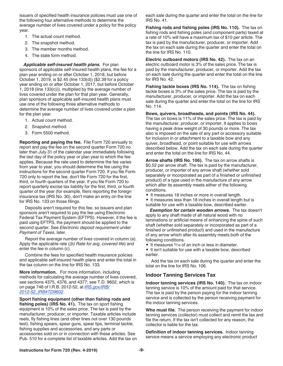 Instructions for IRS Form 720 Quarterly Federal Excise Tax Return, Page 9