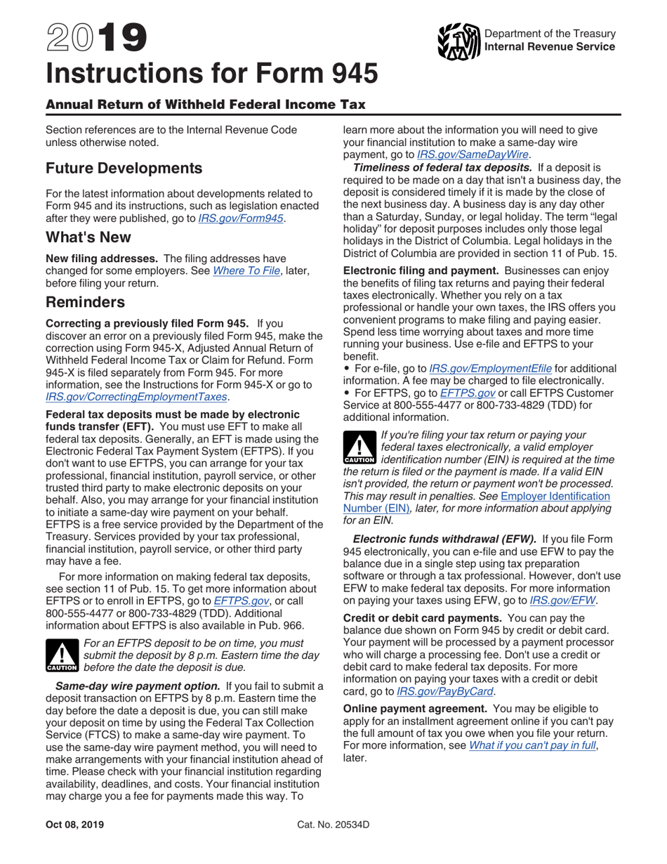 Download Instructions for IRS Form 945 Annual Return of Withheld ...