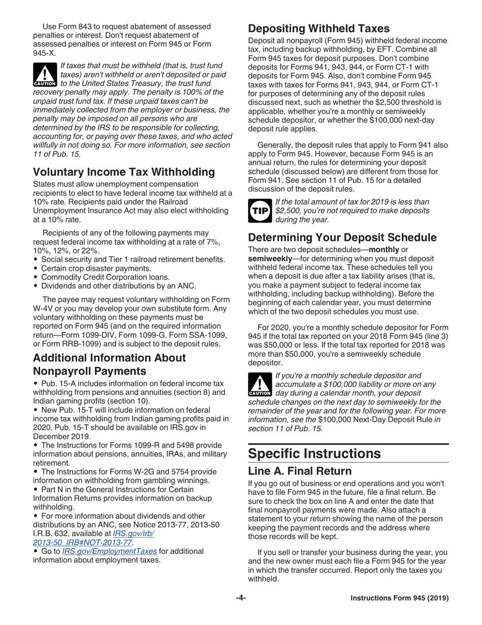 Download Instructions For Irs Form 945 Annual Return Of Withheld Federal Income Tax Pdf 2019 3655