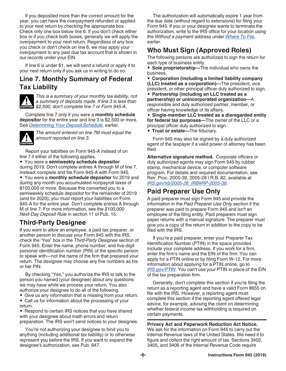 Instructions for IRS Form 945 Annual Return of Withheld Federal Income Tax, Page 6