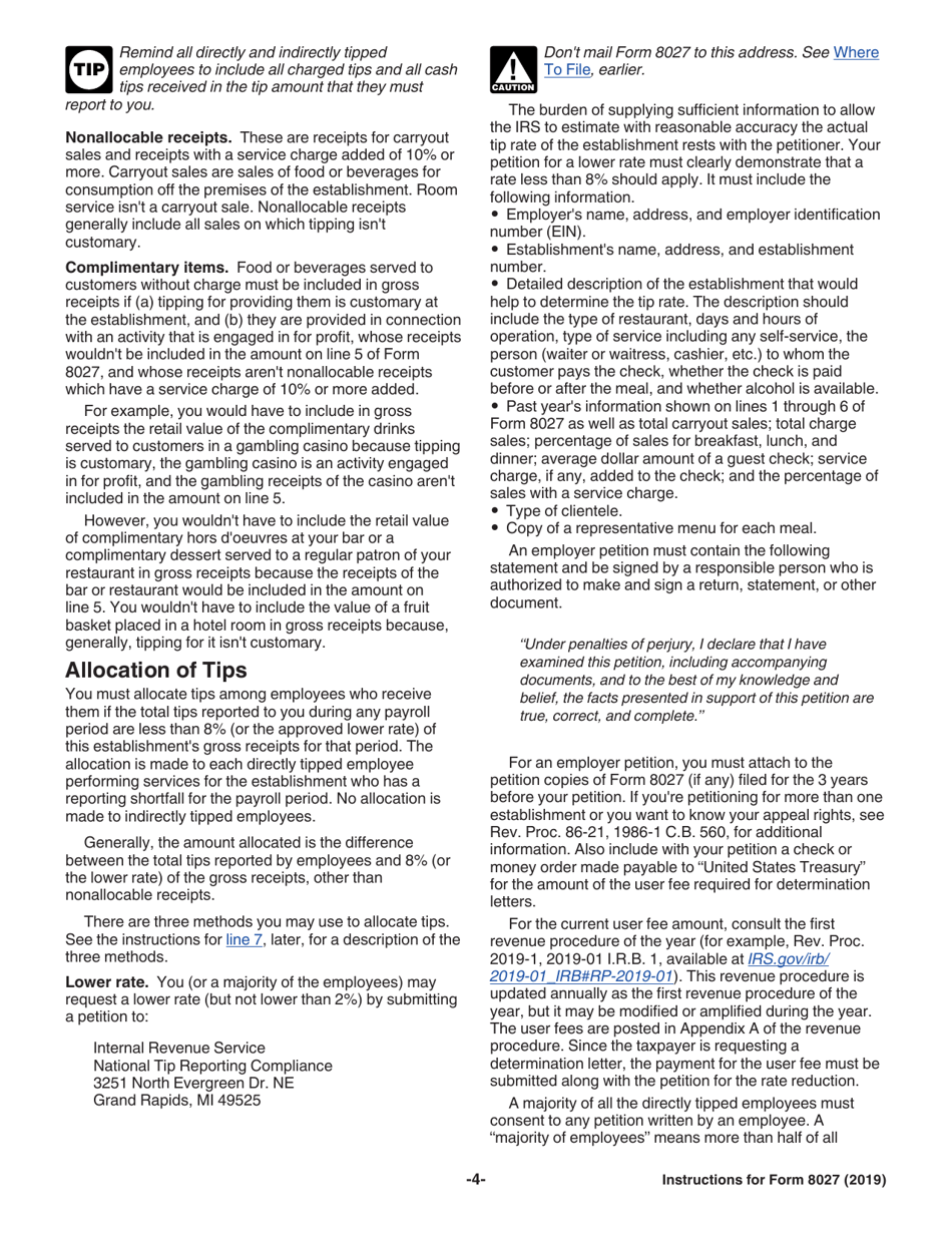 Instructions for IRS Form 8027 Employers Annual Information Return of Tip Income and Allocated Tips, Page 4