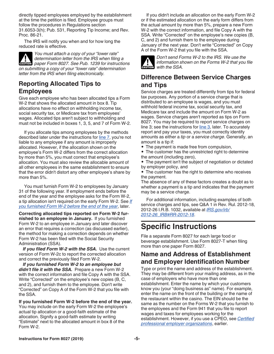 Instructions for IRS Form 8027 Employers Annual Information Return of Tip Income and Allocated Tips, Page 5