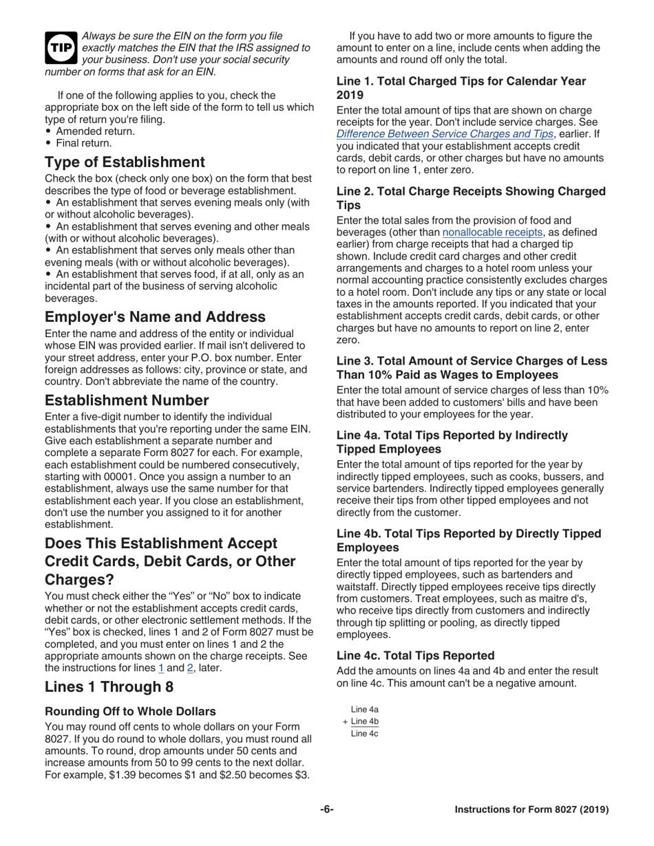Instructions for IRS Form 8027 Employers Annual Information Return of Tip Income and Allocated Tips, Page 6