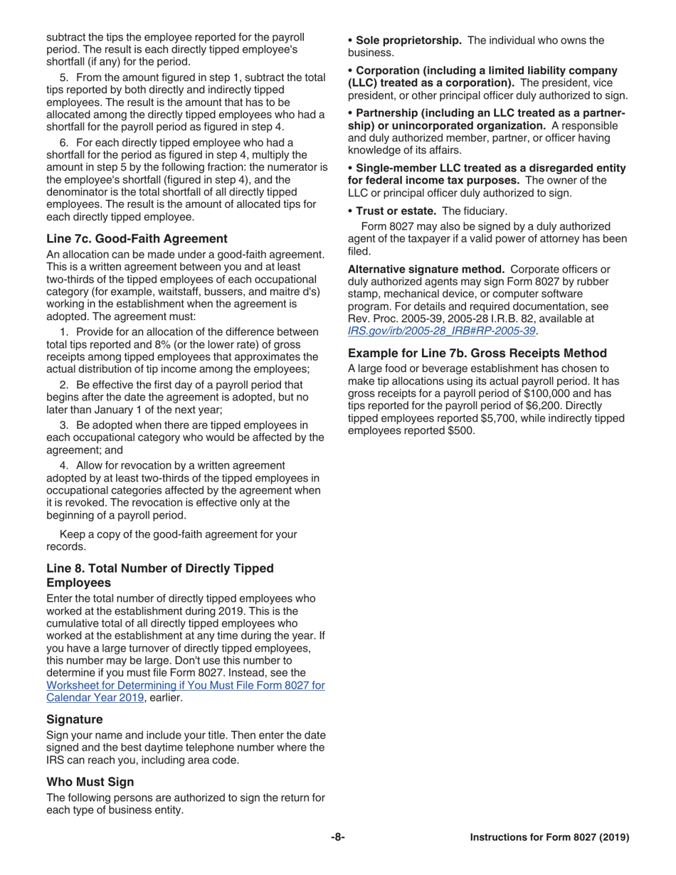 Instructions for IRS Form 8027 Employers Annual Information Return of Tip Income and Allocated Tips, Page 8