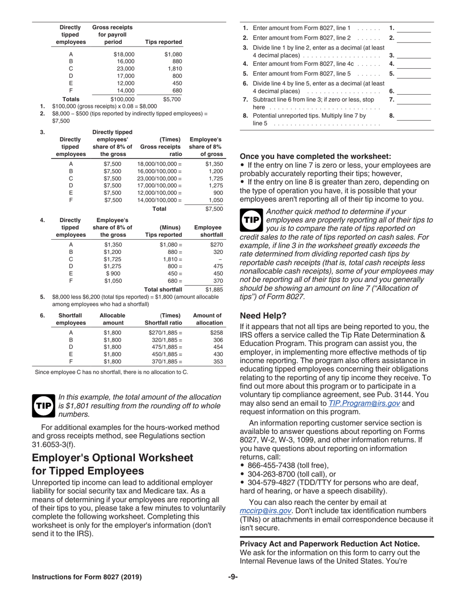 Instructions for IRS Form 8027 Employers Annual Information Return of Tip Income and Allocated Tips, Page 9