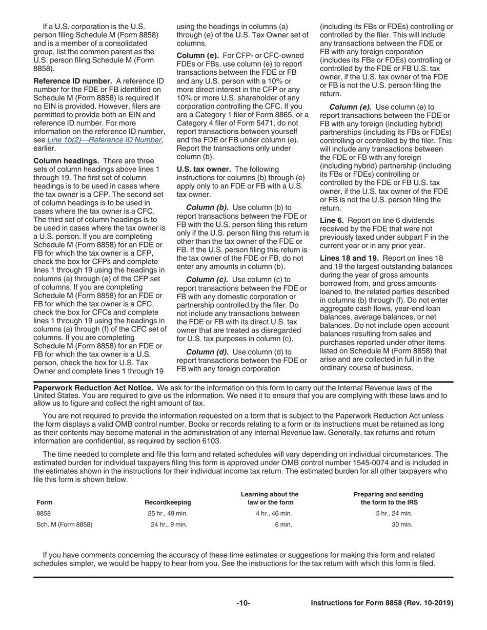 Instructions for IRS Form 8858 Information Return of U.S. Persons With Respect to Foreign Disregarded Entities (Fdes) and Foreign Branches (Fbs), Page 10