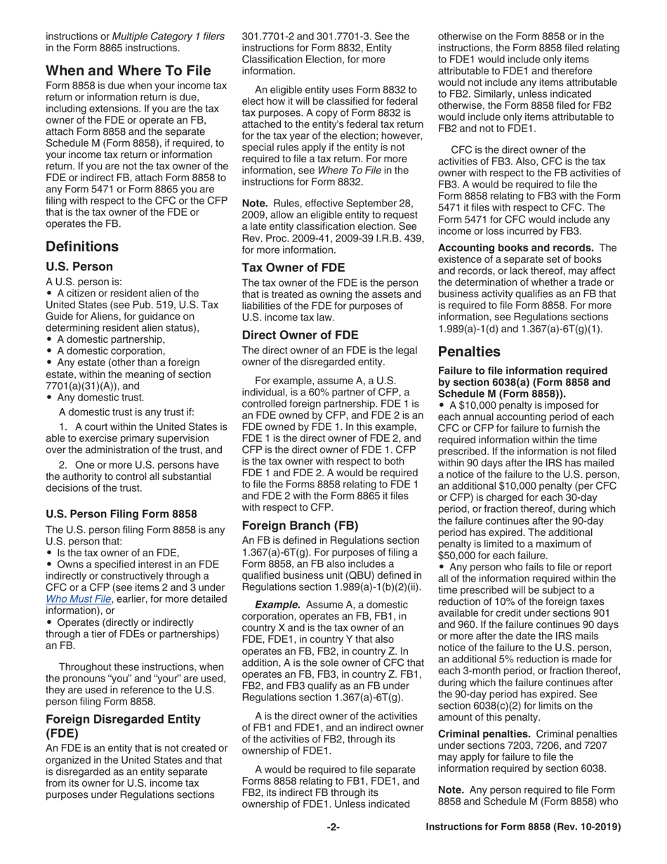 Instructions for IRS Form 8858 Information Return of U.S. Persons With Respect to Foreign Disregarded Entities (Fdes) and Foreign Branches (Fbs), Page 2