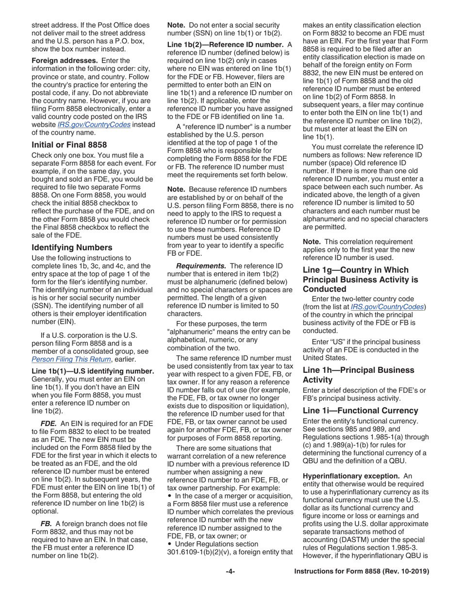 Instructions for IRS Form 8858 Information Return of U.S. Persons With Respect to Foreign Disregarded Entities (Fdes) and Foreign Branches (Fbs), Page 4