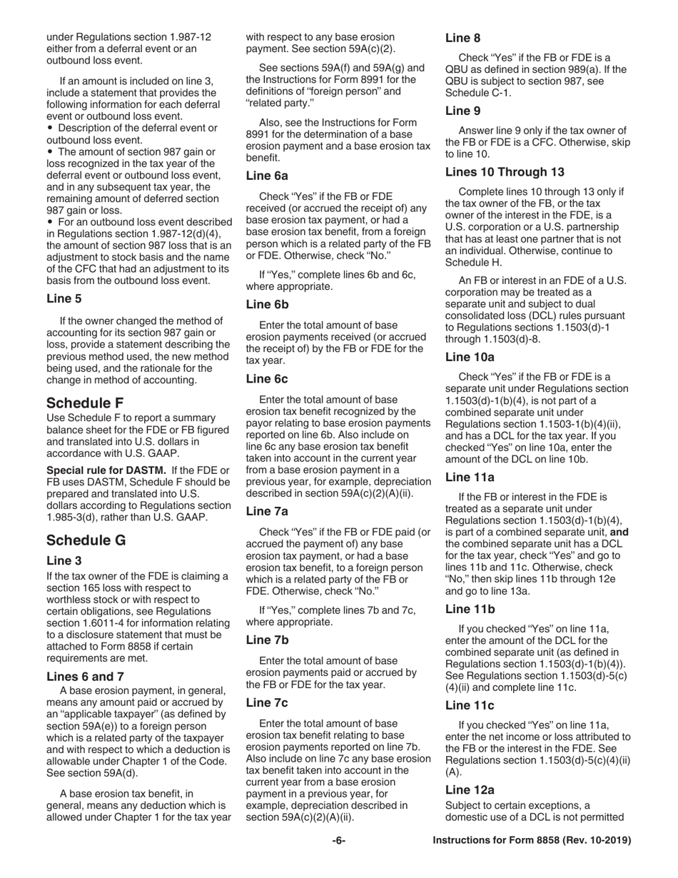 Instructions for IRS Form 8858 Information Return of U.S. Persons With Respect to Foreign Disregarded Entities (Fdes) and Foreign Branches (Fbs), Page 6