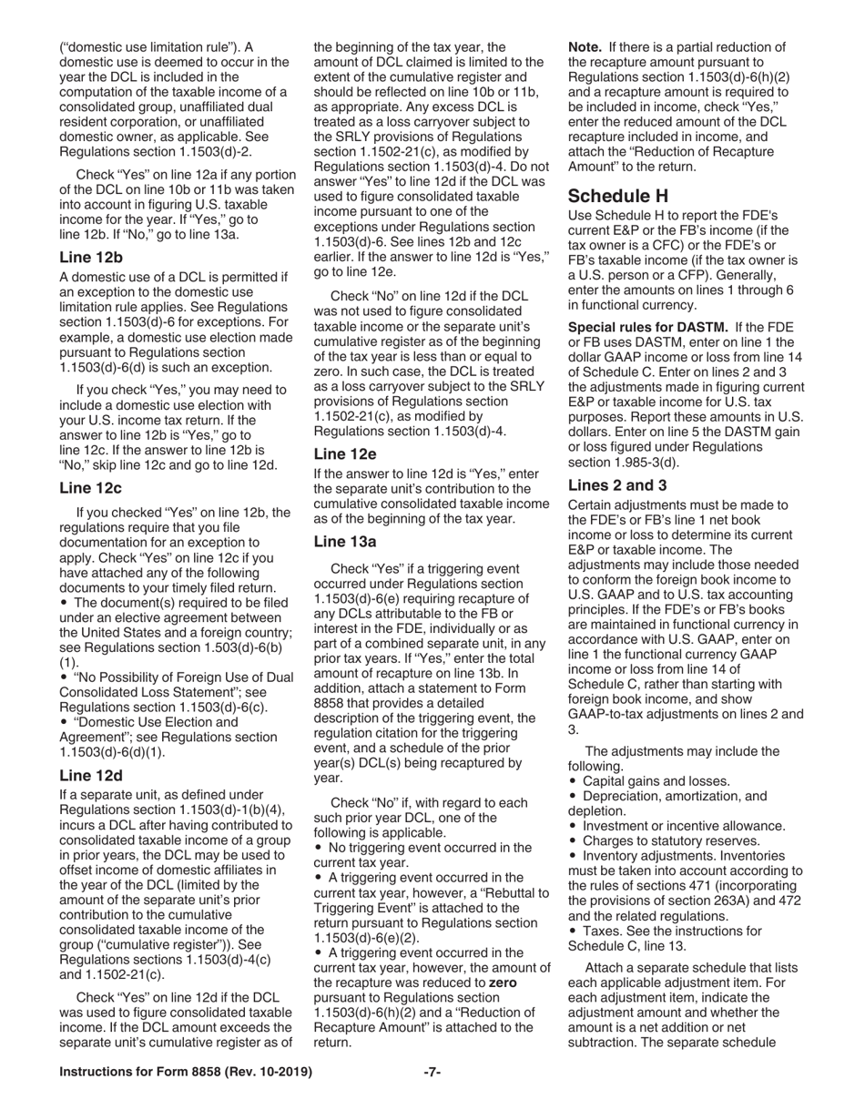 Instructions for IRS Form 8858 Information Return of U.S. Persons With Respect to Foreign Disregarded Entities (Fdes) and Foreign Branches (Fbs), Page 7