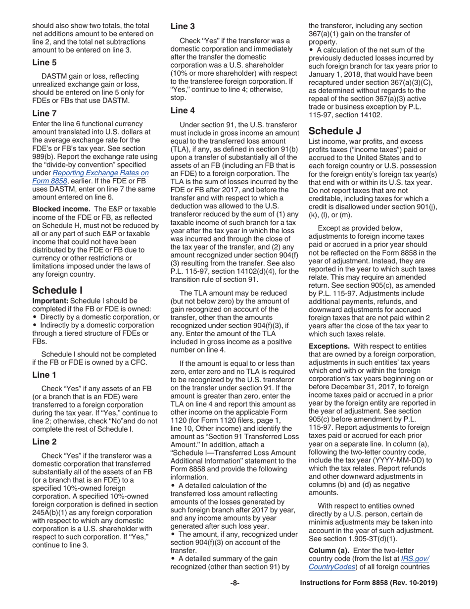 Instructions for IRS Form 8858 Information Return of U.S. Persons With Respect to Foreign Disregarded Entities (Fdes) and Foreign Branches (Fbs), Page 8