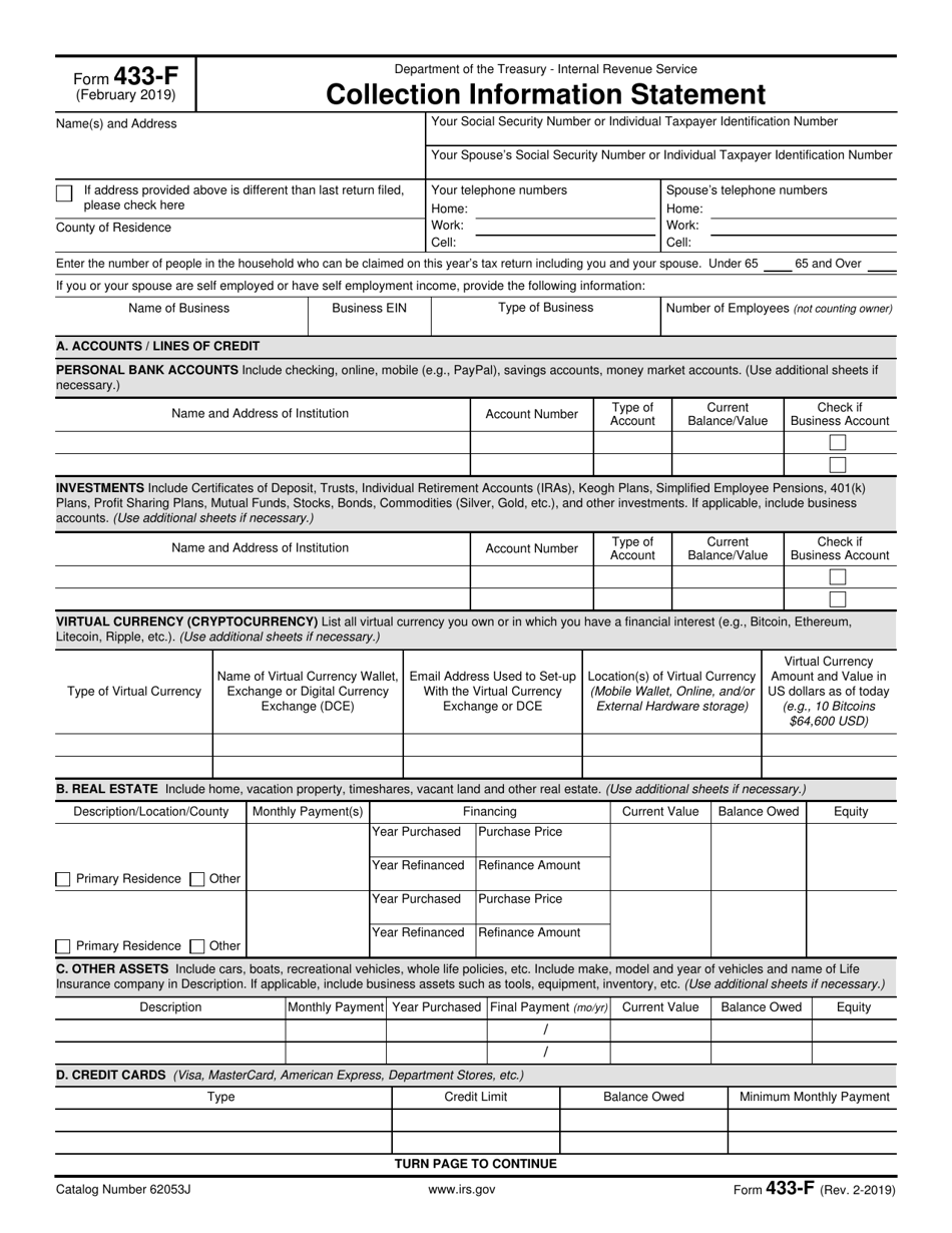 IRS Form 433-F Collection Information Statement, Page 1