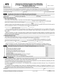 Document preview: IRS Form 673 Statement for Claiming Exemption From Withholding on Foreign Earned Income Eligible for the Exclusion(S) Provided by Section 911