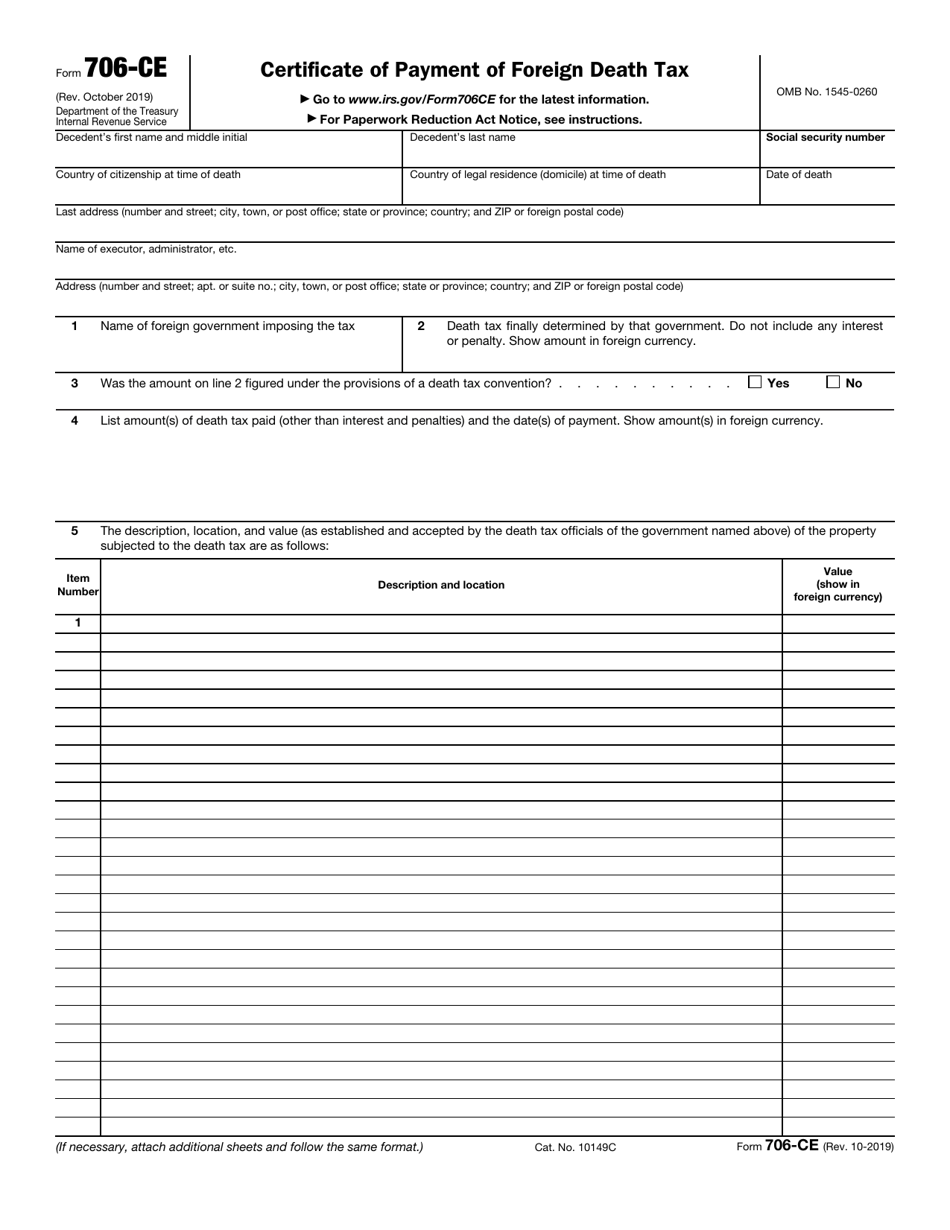 IRS Form 706-CE Certificate of Payment of Foreign Death Tax, Page 1