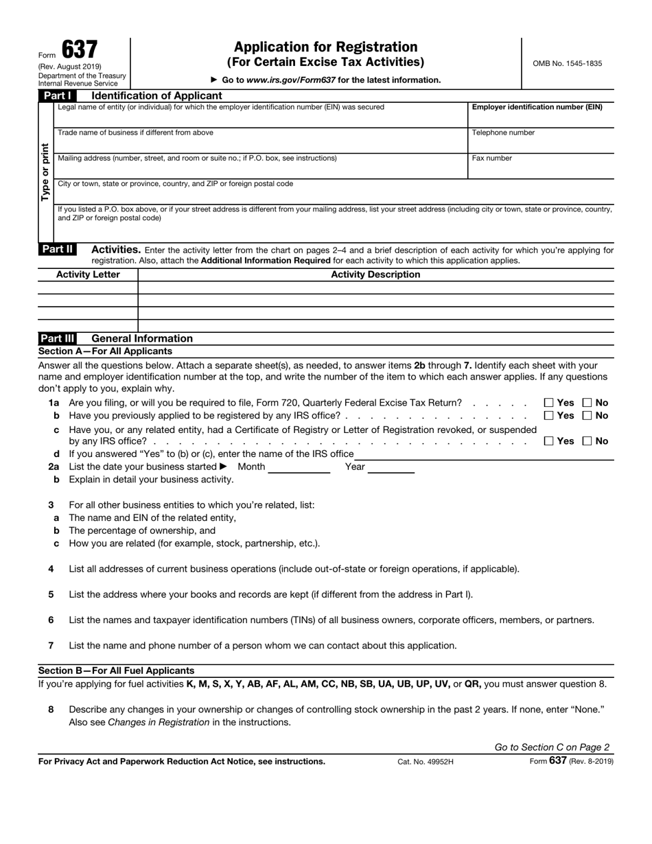 IRS Form 637 Application for Registration (For Certain Excise Tax Activities), Page 1