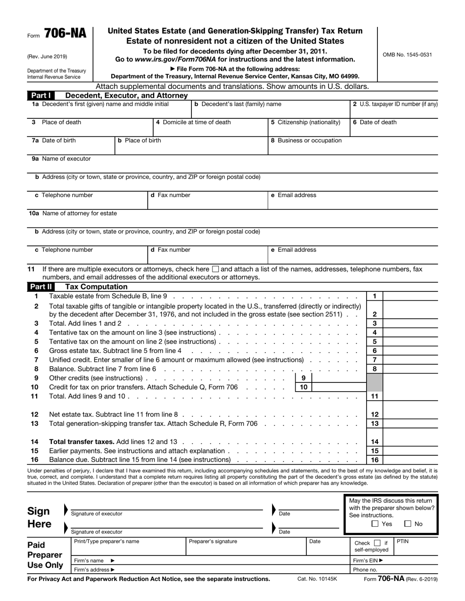 IRS Form 706-NA United States Estate (And Generation-Skipping Transfer) Tax Return Estate of Nonresident Not a Citizen of the United States, Page 1
