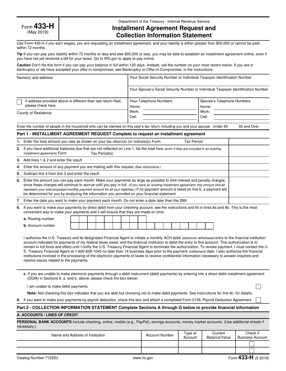 IRS Form 433-H Installment Agreement Request and Collection Information Statement, Page 1