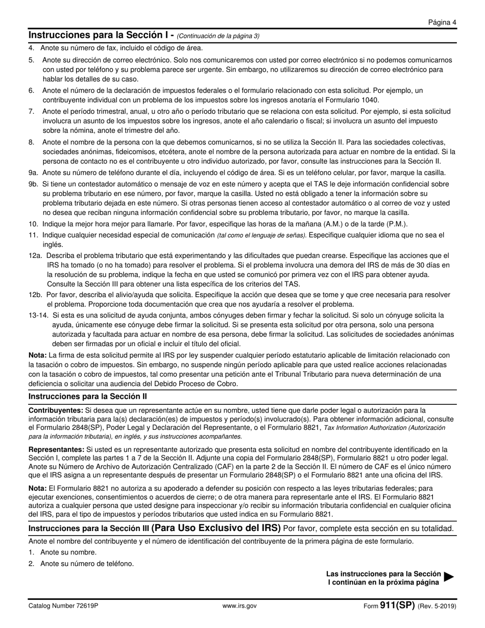 IRS Formulario 911 (SP) Solicitud De Ayuda Del Servicio Del Defensor Del Contribuyente (Y Solicitud De La Orden De Asistencia Al Contribuyente) (Spanish), Page 4
