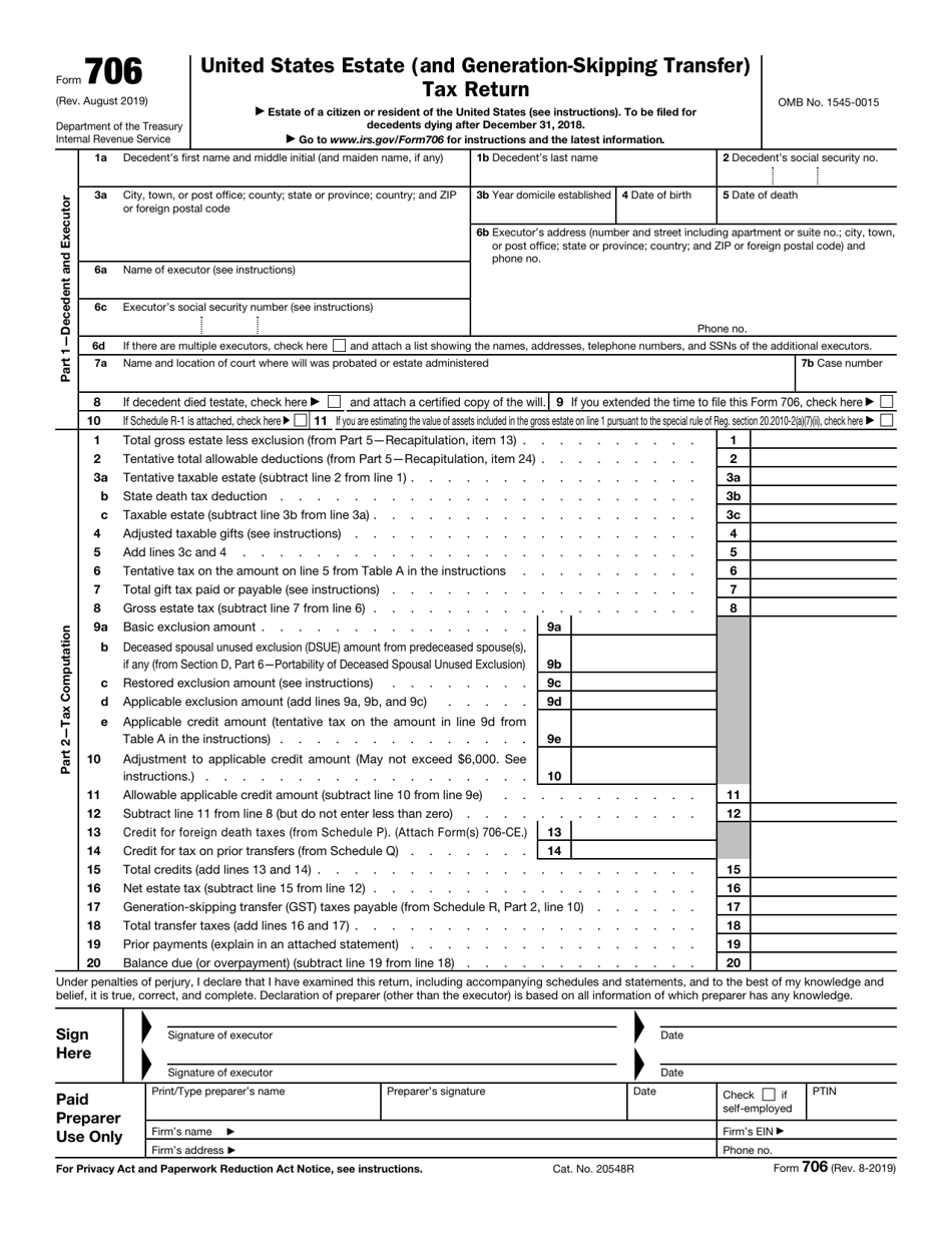IRS Form 706 United States Estate (And Generation-Skipping Transfer) Tax Return, Page 1