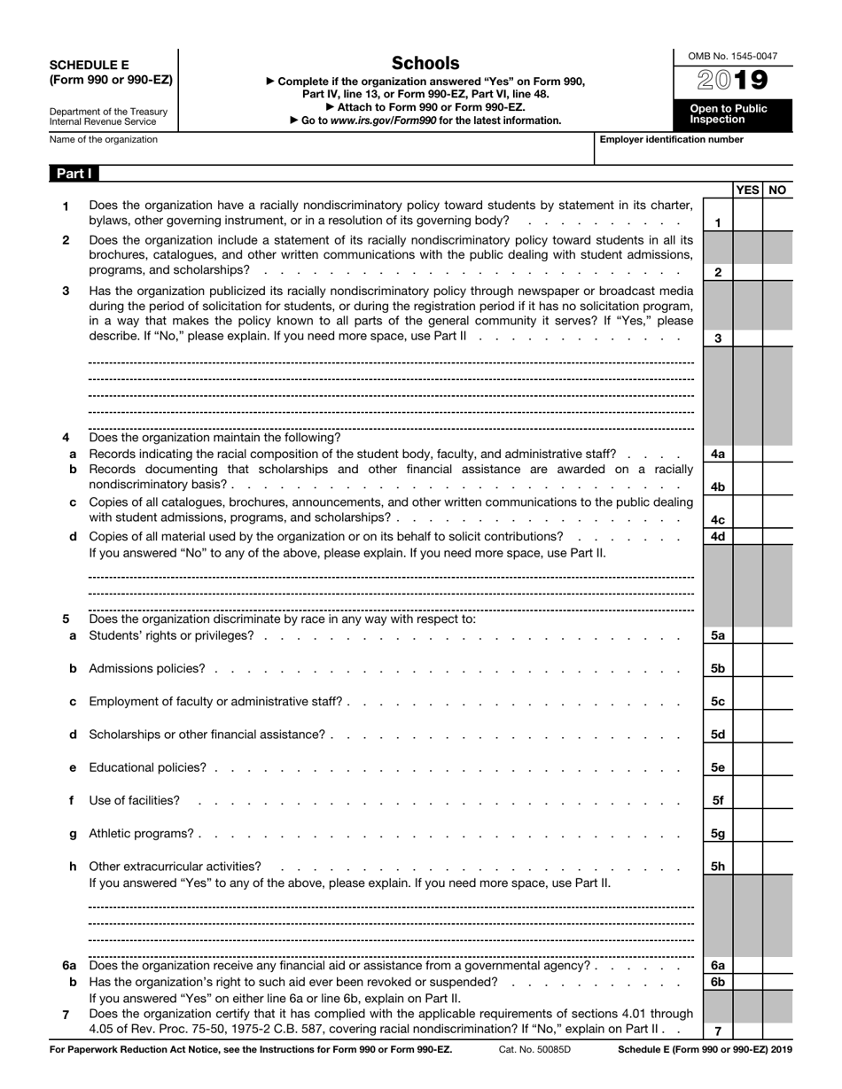 IRS Form 990 (990-EZ) Schedule E Schools, Page 1