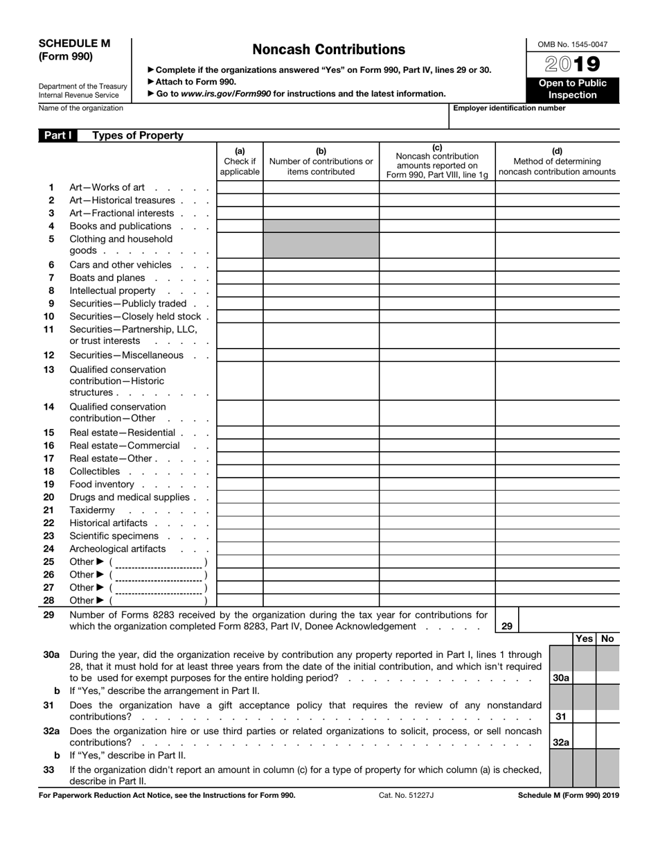IRS Form 990 Schedule M Noncash Contributions, Page 1