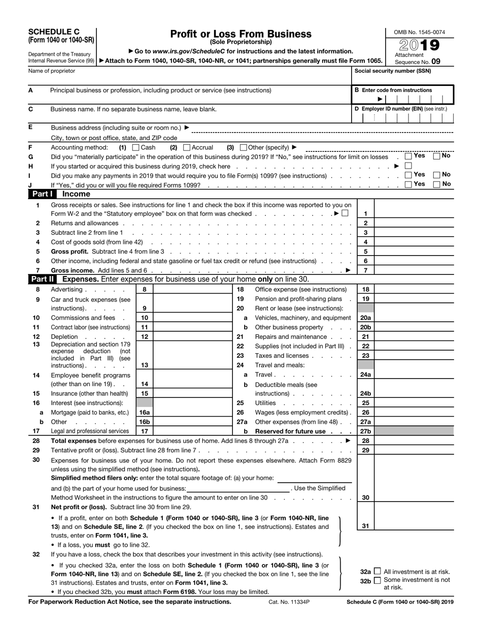 Irs Form Schedule C 2022 Irs Form 1040 (1040-Sr) Schedule C Download Fillable Pdf Or Fill Online  Profit Or Loss From Business (Sole Proprietorship) - 2019 | Templateroller