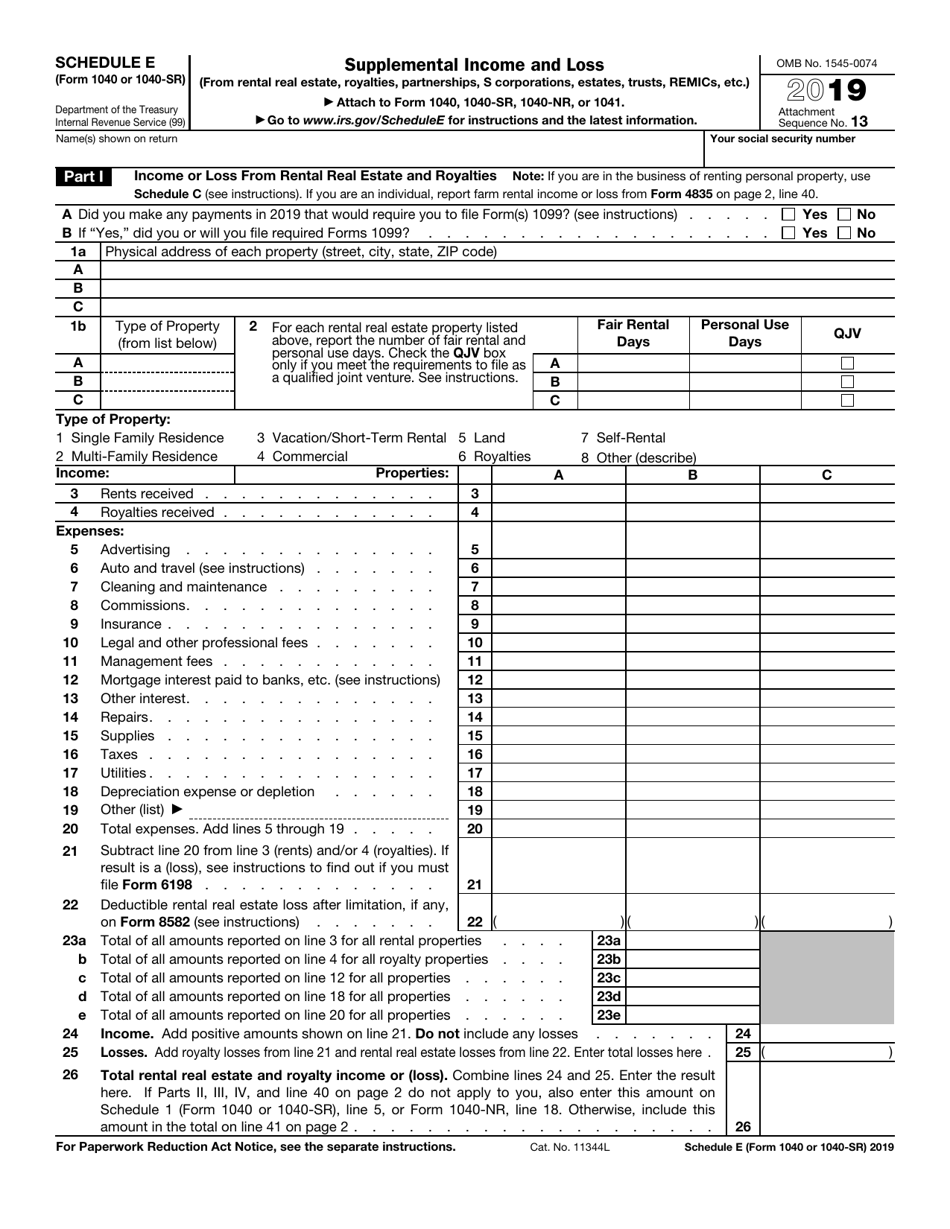 Irs 2022 Schedule E Irs Form 1040 (1040-Sr) Schedule E Download Fillable Pdf Or Fill Online  Supplemental Income And Loss - 2019 | Templateroller