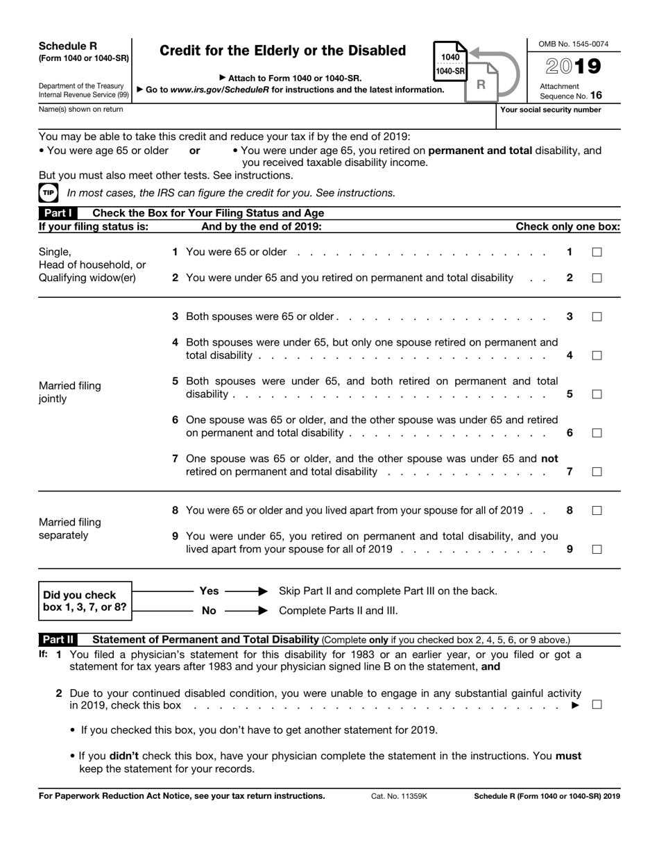 IRS Form 1040 (1040-SR) Schedule R Credit for the Elderly or the Disabled, Page 1