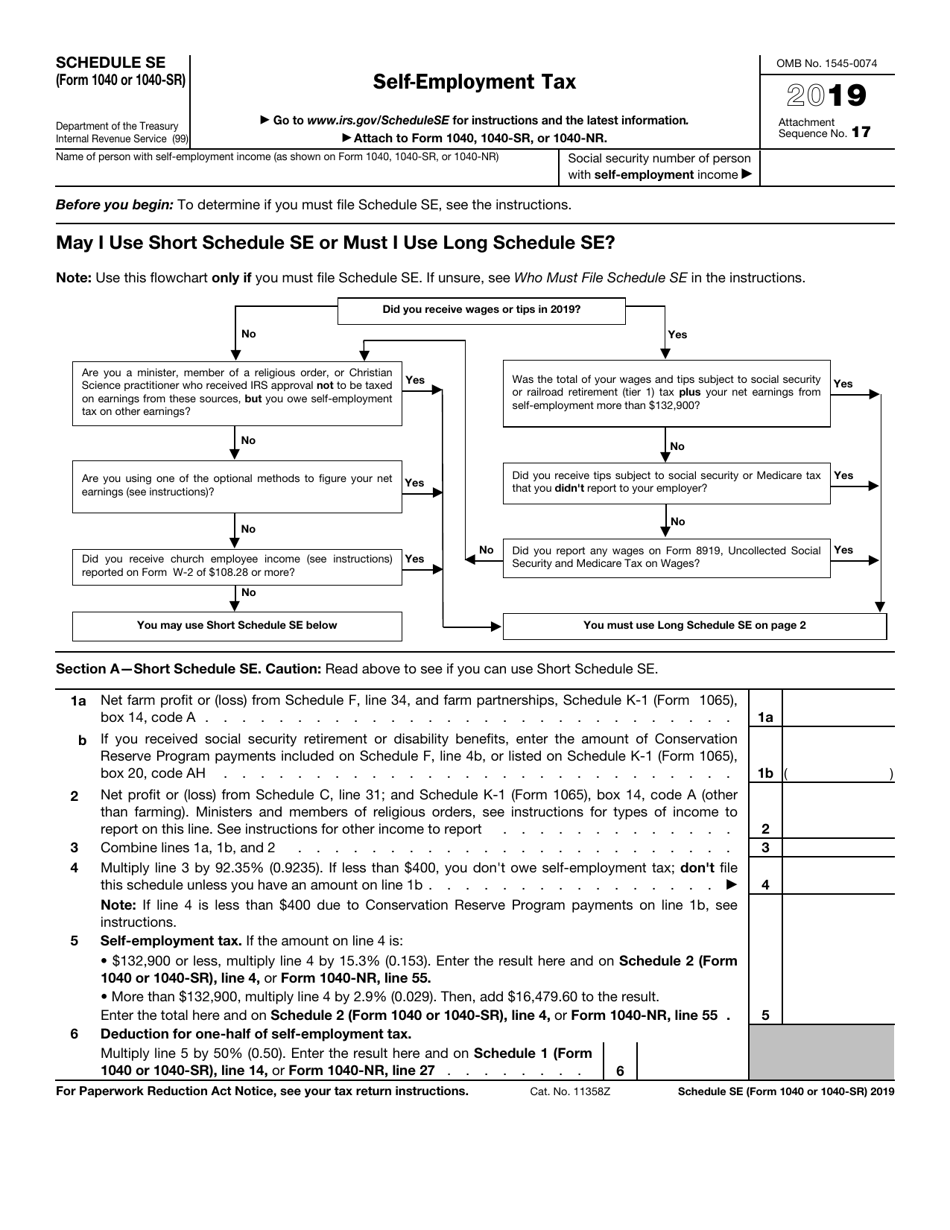 IRS Form 1040 (1040-SR) Schedule SE Self-employment Tax, Page 1