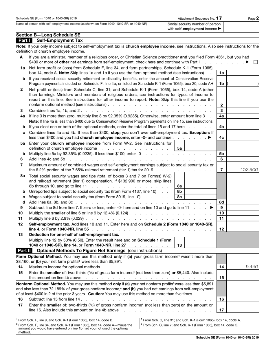 IRS Form 1040 (1040SR) Schedule SE 2019 Fill Out, Sign Online and