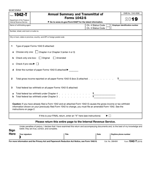 IRS Form 1042-T 2019 Printable Pdf