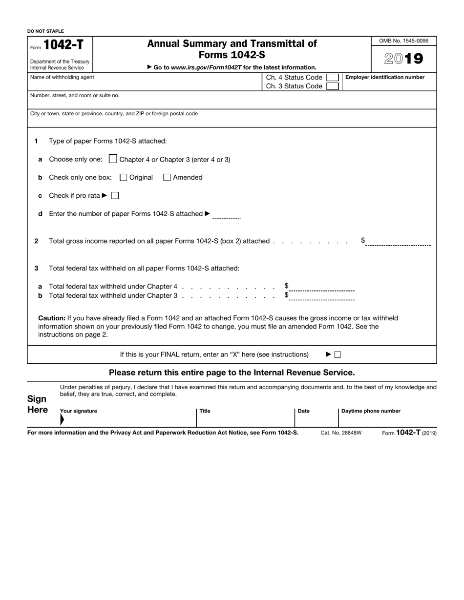 IRS Form 1042-T Annual Summary and Transmittal of Forms 1042-s, Page 1