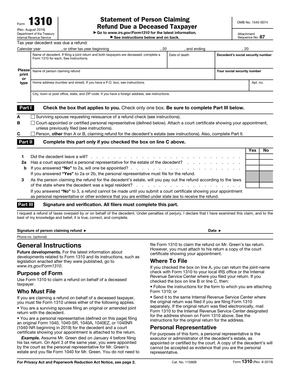 IRS Form 1310 Statement of Person Claiming Refund Due a Deceased Taxpayer, Page 1
