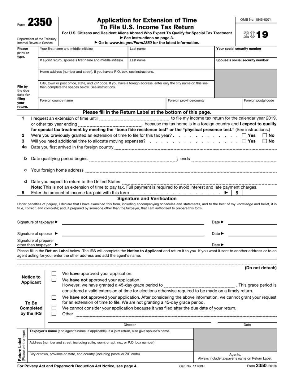 IRS Form 2350 Application for Extension of Time to File U.S. Income Tax Return, Page 1