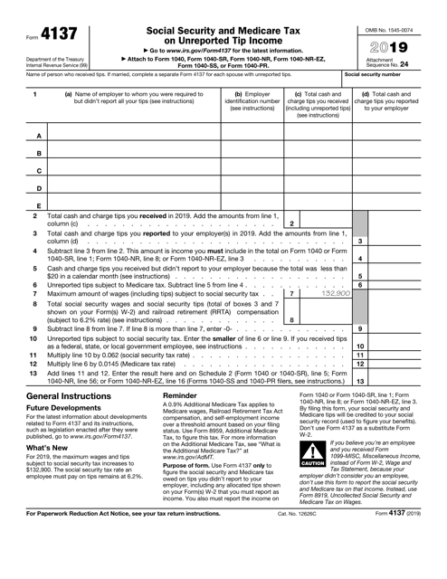 IRS Form 4137 2019 Printable Pdf