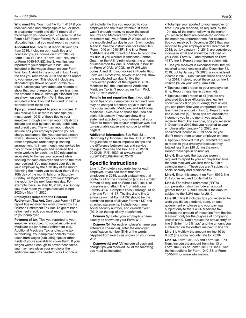 IRS Form 4137 Social Security and Medicare Tax on Unreported Tip Income, Page 2