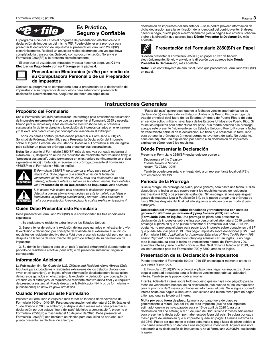 IRS Formulario 2350(SP) Solicitud De Prorroga Para Presentar La Declaracion Del Impuesto Sobre El Ingreso Personal De Los Estados Unidos (Spanish), Page 3