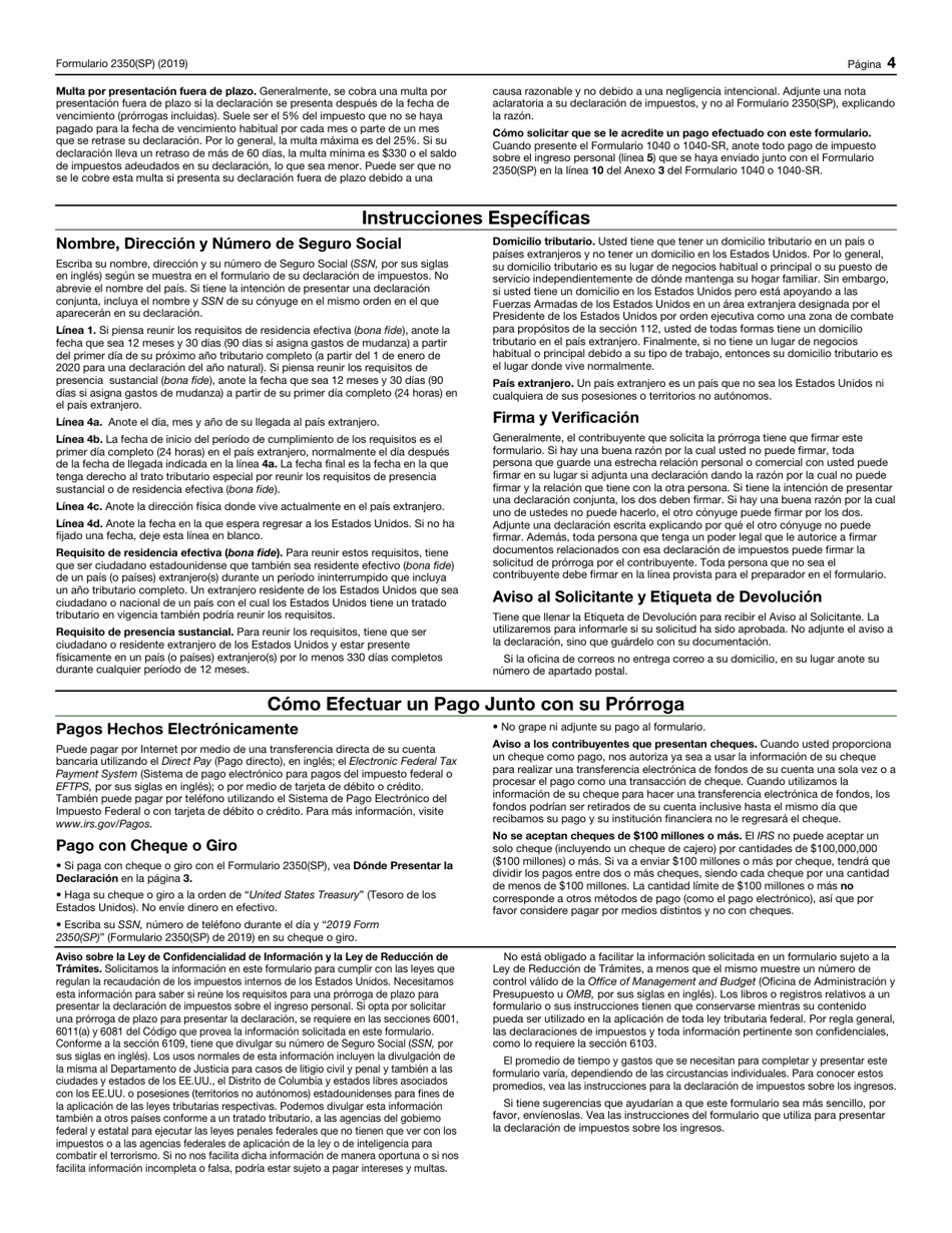 IRS Formulario 2350(SP) Solicitud De Prorroga Para Presentar La Declaracion Del Impuesto Sobre El Ingreso Personal De Los Estados Unidos (Spanish), Page 4