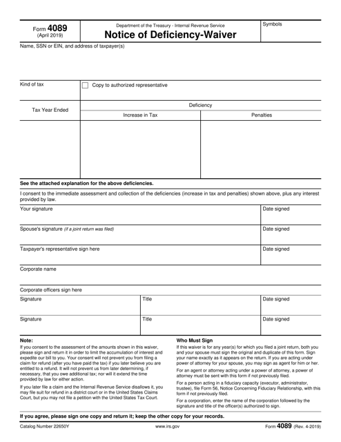 IRS Form 4089 Notice of Deficiency - Waiver