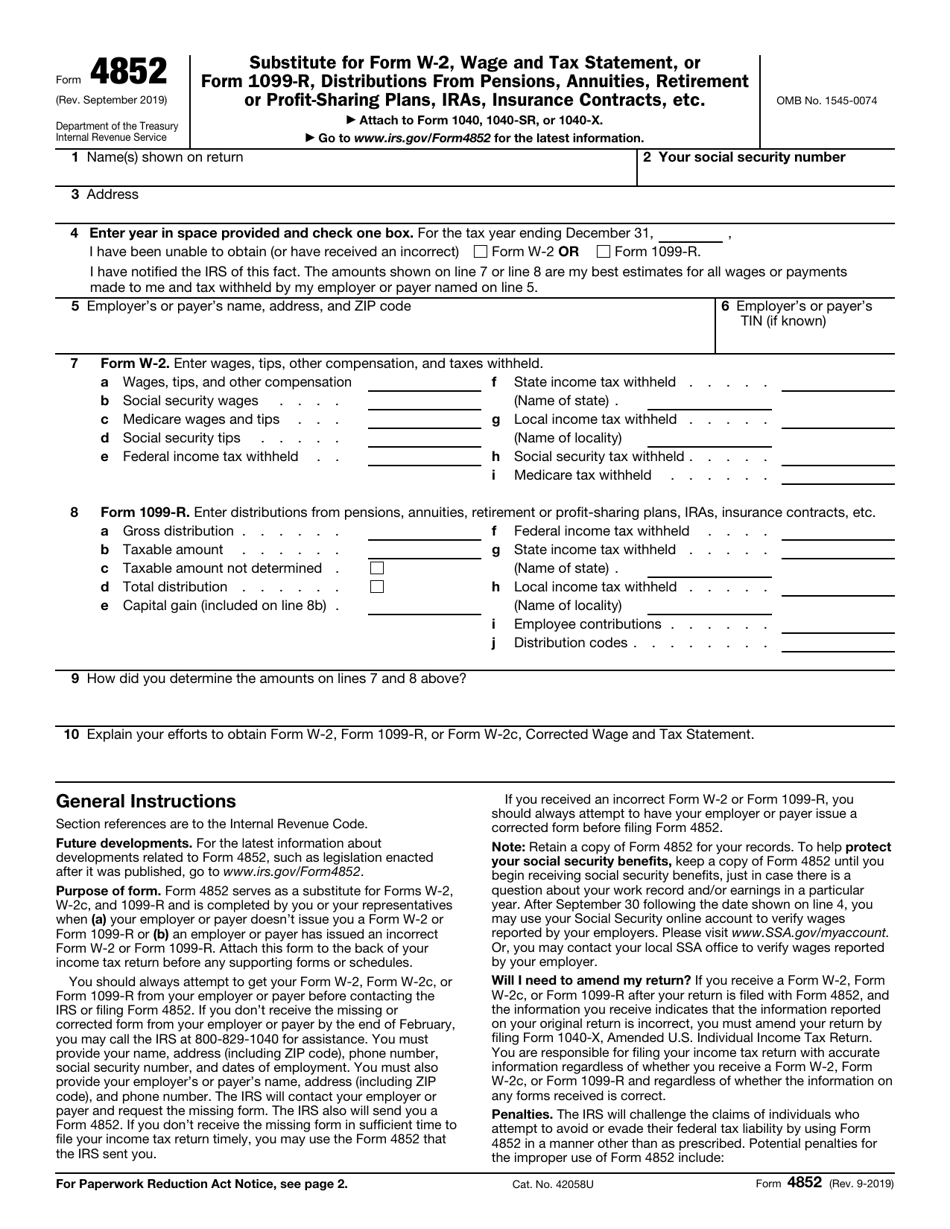 IRS Form 4852 Download Fillable PDF or Fill Online Substitute for Form