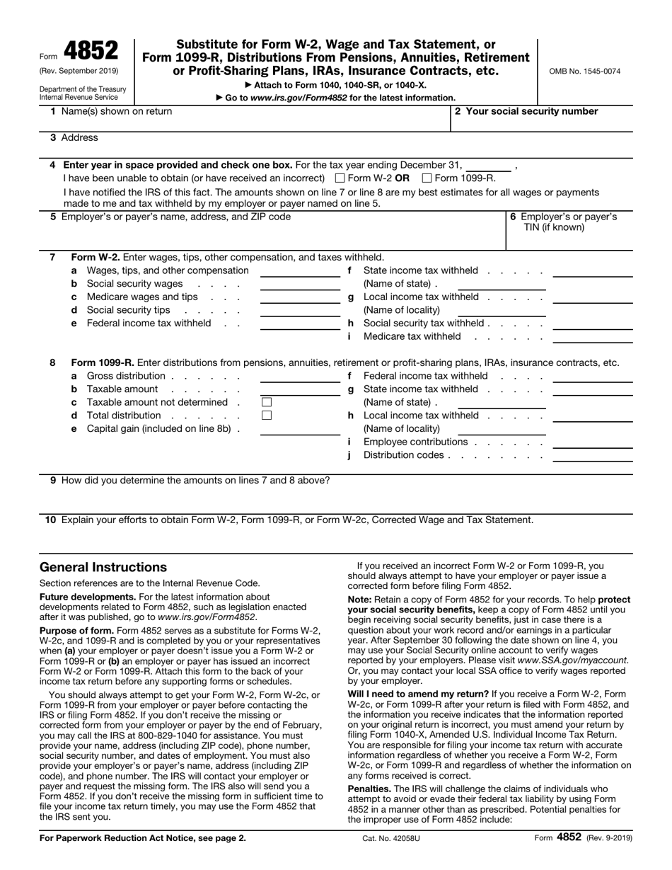 IRS Form 4852 Substitute for Form W-2, Wage and Tax Statement, or Form 1099r, Distributions From Pensions, Annuities, Retirement or Profit-Sharing Plans, Iras Insurance Contracts, Etc., Page 1