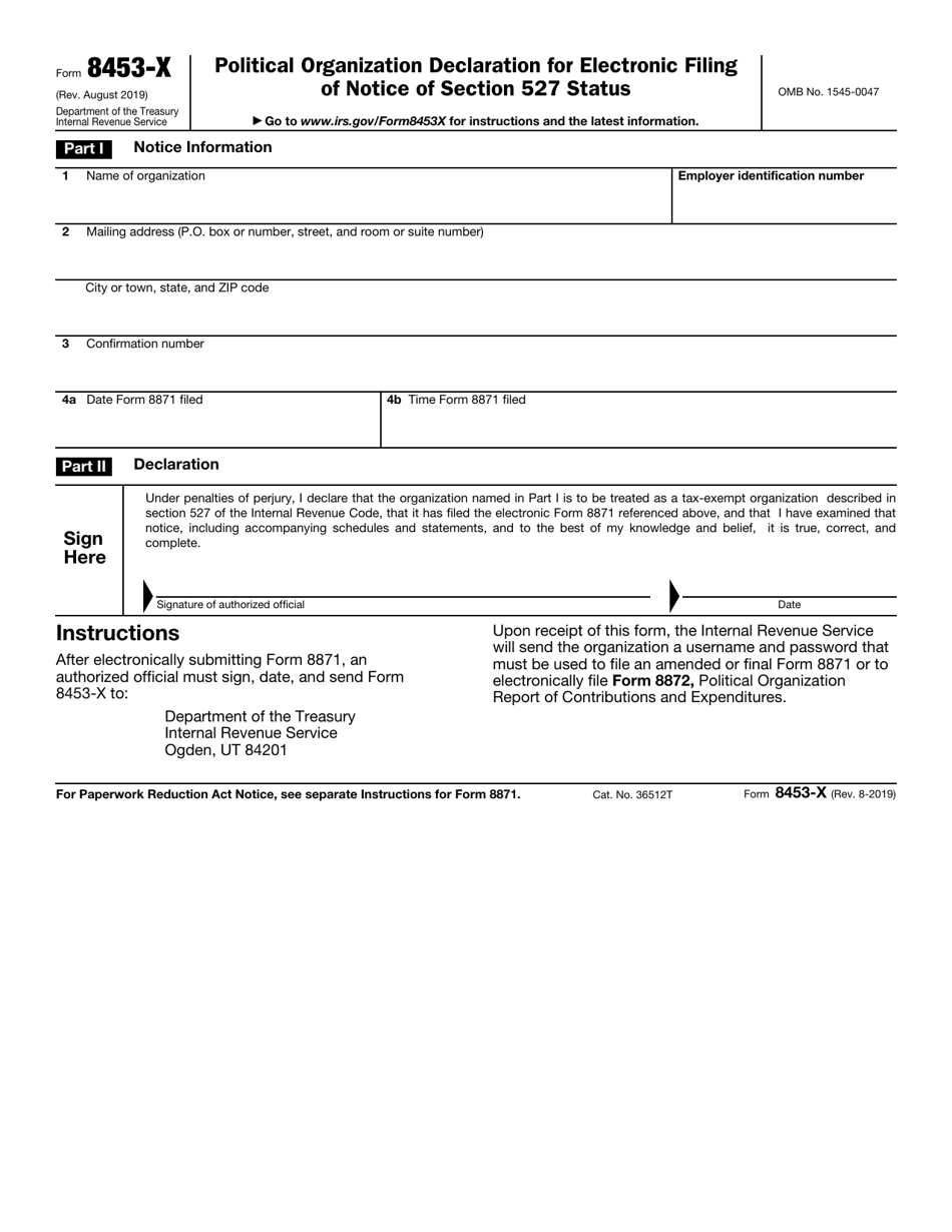 IRS Form 8453-X Political Organization Declaration for Electronic Filing of Notice of Section 527 Status, Page 1
