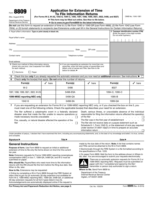 IRS Form 8809  Printable Pdf