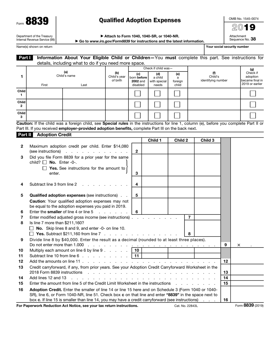 IRS Form 8839 - 2019 - Fill Out, Sign Online and Download Fillable PDF ...