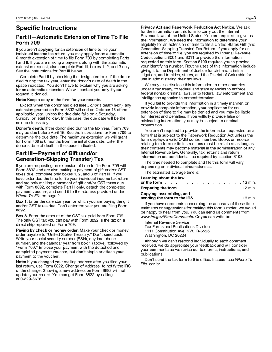 IRS Form 8892 Application for Automatic Extension of Time to File Form 709 and / or Payment of Gift / Generation-Skipping Transfer Tax, Page 3