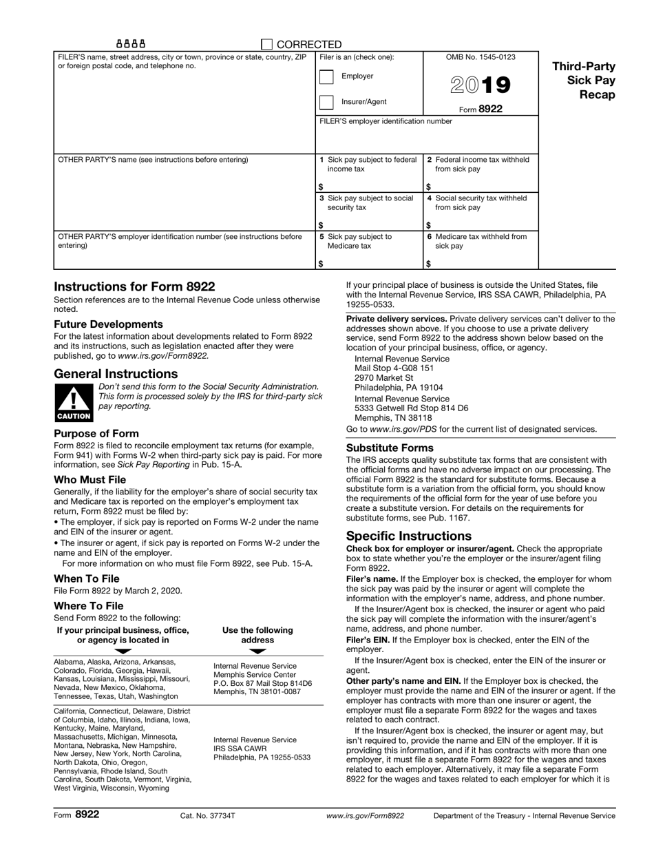 IRS Form 8922 Third-Party Sick Pay Recap, Page 1