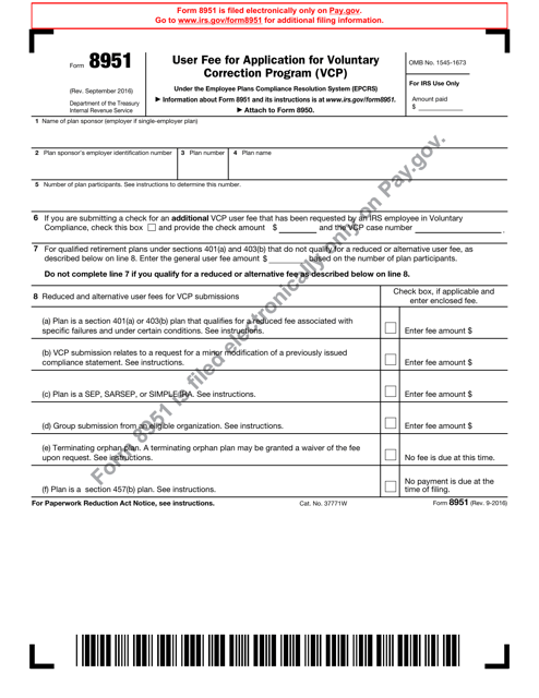 IRS Form 8951 User Fee for Application for Voluntary Correction Program (Vcp)