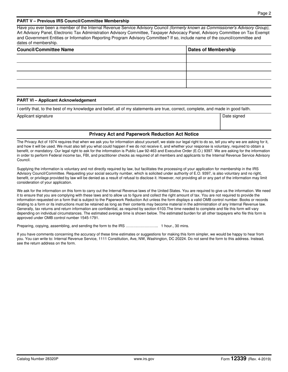 IRS Form 12339 Internal Revenue Service Advisory Council Membership Application, Page 2