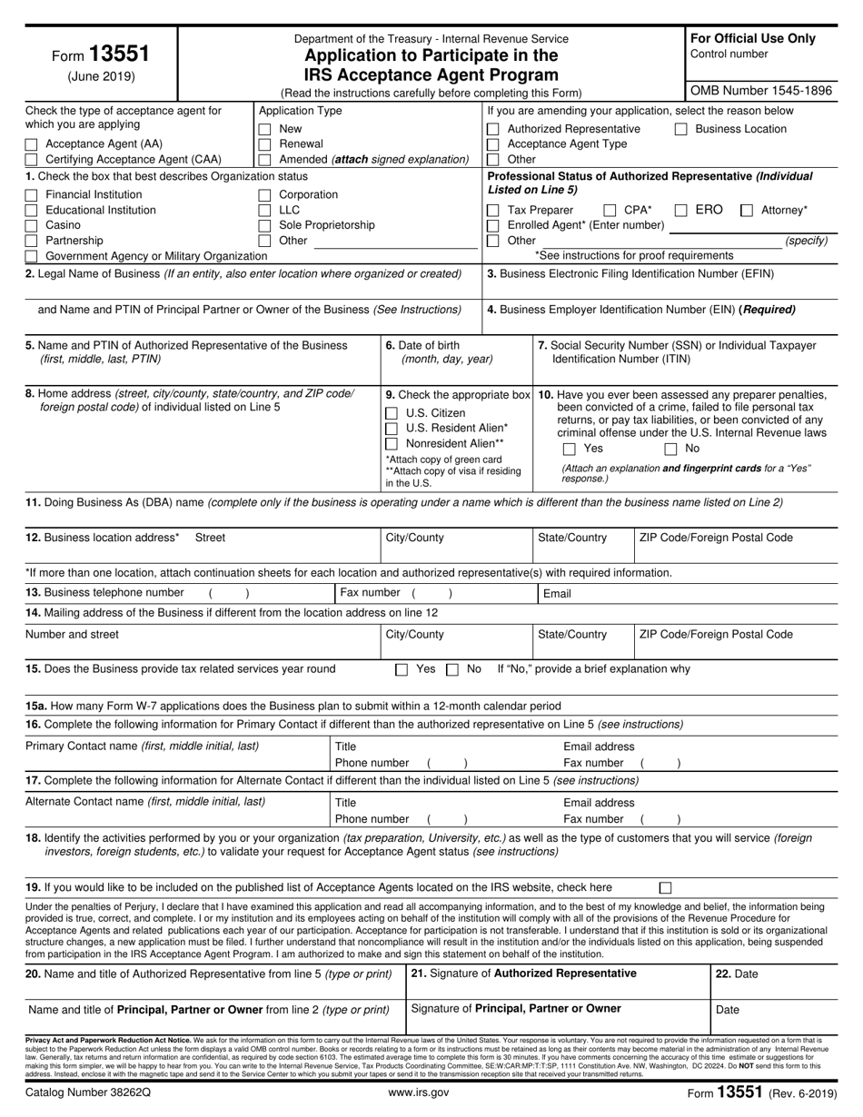 IRS Form 13551 Application to Participate in the IRS Acceptance Agent Program, Page 1